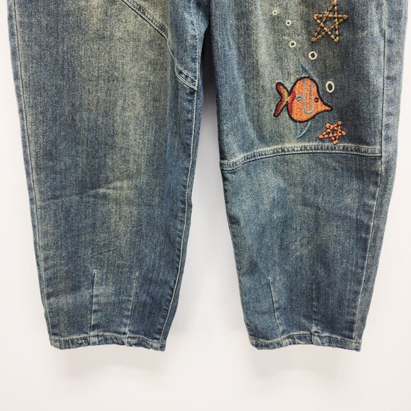 Vintage Denim Embroidered Fish Pattern Elastic Waist Cropped Pants Size S - Picture 4 of 8